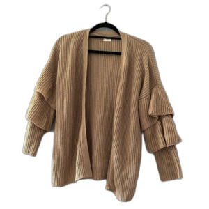 Tan Open Front Knit Cardigan Ruffle Sleeves Size Medium